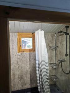 La salle de bains est pourvue d'une douche avec rideau de douche. dans l'établissement Chalet dans propriété à Biscarrosse, à Biscarrosse