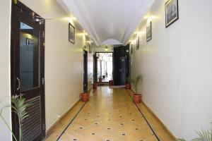 a hallway with potted plants and a door at Hotel Moti Mahal in Udaipur