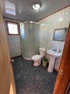 ein kleines Bad mit WC und Waschbecken in der Unterkunft •Cabañas Patagonia• in Puerto Montt