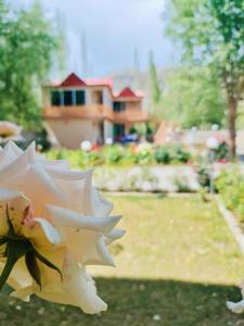 a flower in a garden with a house in the background at Trout Villa in Skardu