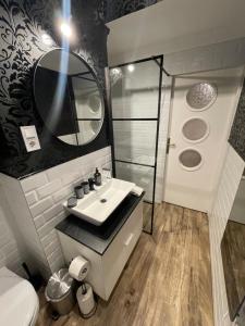 a bathroom with a sink and a toilet and a mirror at SZIP Tatra Silver - Downtown in Budapest