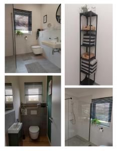 três fotografias de uma casa de banho com um WC e um lavatório em Ferienhaus Casa Neugrua em Stockheim