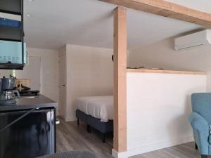 a bedroom with a bed and a desk with a tv at Strandhuisje EVA, dicht bij zee in Callantsoog +16 photos