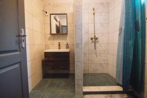 y baño con ducha, lavabo y espejo. en Örömzöld Vendégház Nagymaros en Nagymaros