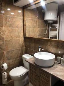 ein Badezimmer mit einem Waschbecken, einem WC und einem Spiegel in der Unterkunft Blue apartman in Žarkovo