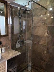 eine Dusche mit Glastür im Bad in der Unterkunft Blue apartman in Žarkovo
