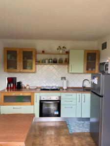 eine Küche mit Edelstahlkühlschrank und Schränken in der Unterkunft La casa degli Ulivi in Camporosso