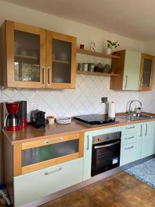 a kitchen with wooden cabinets and a stove top oven at La casa degli Ulivi in Camporosso