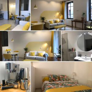 eine Collage mit Fotos von einem Wohnzimmer und einem Schlafzimmer in der Unterkunft Auterive-Évasions-Échapée-parking gratuit, hypercentre, gare in Auterive