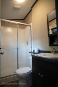 a bathroom with a shower and a toilet and a sink at 3 Bedroom Waterfront Cottage 13 in Roseneath