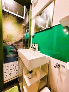 baño con lavabo blanco y pared verde en Steinau en Steinau an der Straße