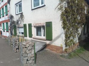 un edificio con persianas verdes y una ventana en Steinau en Steinau an der Straße