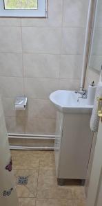 La salle de bains est pourvue d'un lavabo blanc et d'une fenêtre. dans l'établissement Casa de vacanță MARA emd, à Eşelniţa