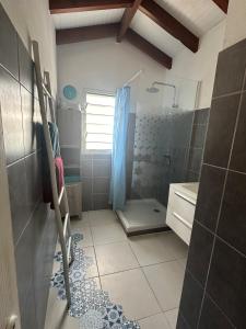 a bathroom with a shower and a sink at Villa cosy, piscine et plage. in Les Trois-Îlets