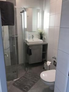 a bathroom with a shower and a toilet and a sink at Moderne Innenstadtwohnung Klagenfurt in Klagenfurt