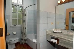 a bathroom with a shower and a toilet and a sink at La Tourelle Hotel & Spa in Ithaca