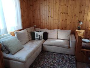 un divano in un soggiorno con pareti in legno di Bormio Flat a Bormio
