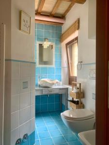 a blue tiled bathroom with a toilet and a sink at Al Poggio dei 4 Borghi in Monterubbiano