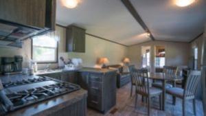 a kitchen with a stove and a table with chairs at 3 Bedroom Cottage Dragon Fly Drive 7 in Cherry Valley