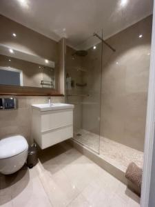 a bathroom with a shower and a toilet and a sink at L'abbaye Luxe et Vue Panoramique in Nice