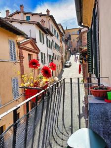 balkon z czerwonymi kwiatami na ulicy miejskiej w obiekcie La Campanina-nel cuore di Siena e della contrada w Sienie