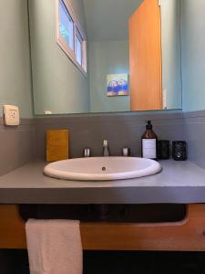 a bathroom sink with a large mirror above it at La Amapola in Villa La Angostura