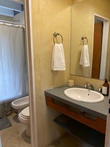 a bathroom with a sink and a toilet and a mirror at La Amapola in Villa La Angostura +13 photos