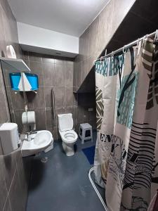 małą łazienkę z toaletą i umywalką w obiekcie Albergue Mar del Plata w mieście Fisterra