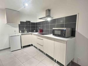 ヴィラール・レ・ドンブにあるLe Pélican Villardois - 2 chambres - centreの白いキャビネットと電子レンジを備えたキッチン