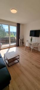a living room with a couch and a table and a television at Hahnenkleer Tied 2 in Goslar