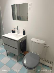 a bathroom with a toilet and a sink and a mirror at Maison au coeur d'Orly in Orly