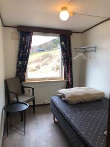 um quarto com uma cama, uma janela e uma cadeira em Lake View Holiday Rooms em Årdal
