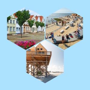 a group of four pictures of a beach and houses at Ferienwohnung Carstens in Itzehoe