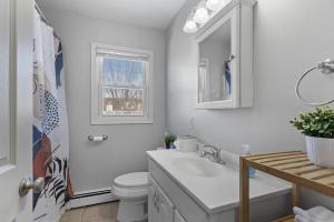 ein Badezimmer mit Waschbecken und Toilette und einem Fenster in der Unterkunft Tranquil 2BR Apt NE Mpls - 8073 Apt 4 in Minneapolis + 24 Fotos