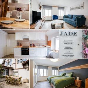 a collage of photos of a living room and a kitchen at Le Gîte de Jade in Dannemarie
