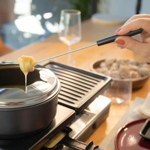 una persona está cocinando comida en una sartén en una estufa en Nid douillet, en Annecy