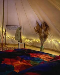 une tente avec une couverture colorée dans une chambre dans l'établissement Delta Dunarii - Casa de langa apa, à Ilganii de Sus
