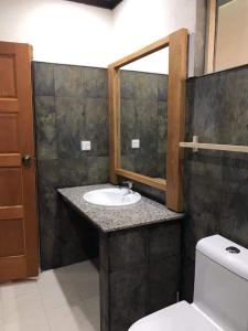 ein Badezimmer mit einem Waschbecken, einem Spiegel und einem WC in der Unterkunft RAINIKA VILLA in Thinadhoo
