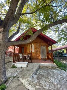 a log cabin with a red roof under a tree at Cabañas de Nerpio in Nerpio