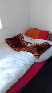 a bed with a tiger themed blanket on it at Studio Flat 2 Nelson Town Centre in Nelson