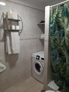 a bathroom with a washing machine and a shower curtain at Casa el Carmen in Arona