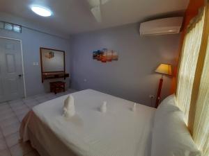 a bedroom with a white bed and a mirror at Rachel Land in Caye Caulker