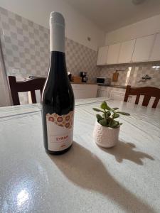 eine Flasche Wein auf einem Tisch mit einer Pflanze in der Unterkunft Casa Vacanze Daniele in Balestrate