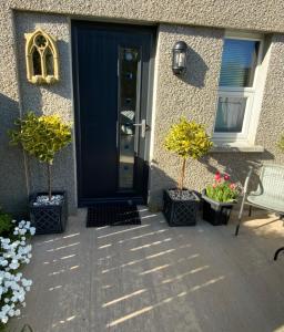 uma porta azul da frente de uma casa com vasos de plantas em BallyCairn Self Catering Studio em Larne