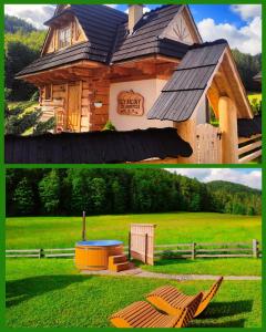 duas imagens de uma cabana de madeira num campo em Domek Trzy Doliny Zakopane - Three Valleys Chalet Grill&Jacuzzi em Zakopane