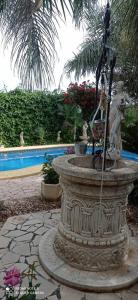 a statue of a fountain in front of a pool at Alojamiento Ruizo in Lorca