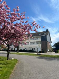 un árbol con flores rosas delante de un edificio en Haus Meeresbrise, en Grömitz