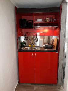 um armário vermelho com um lavatório numa cozinha em DramaMine2 em Drama