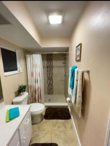 een badkamer met een douche, een toilet en een wastafel bij Sunshine Home in Cape Coral