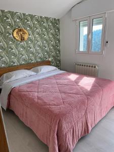 een slaapkamer met een bed met een roze deken bij Casa Carmen As Airas in Ourense